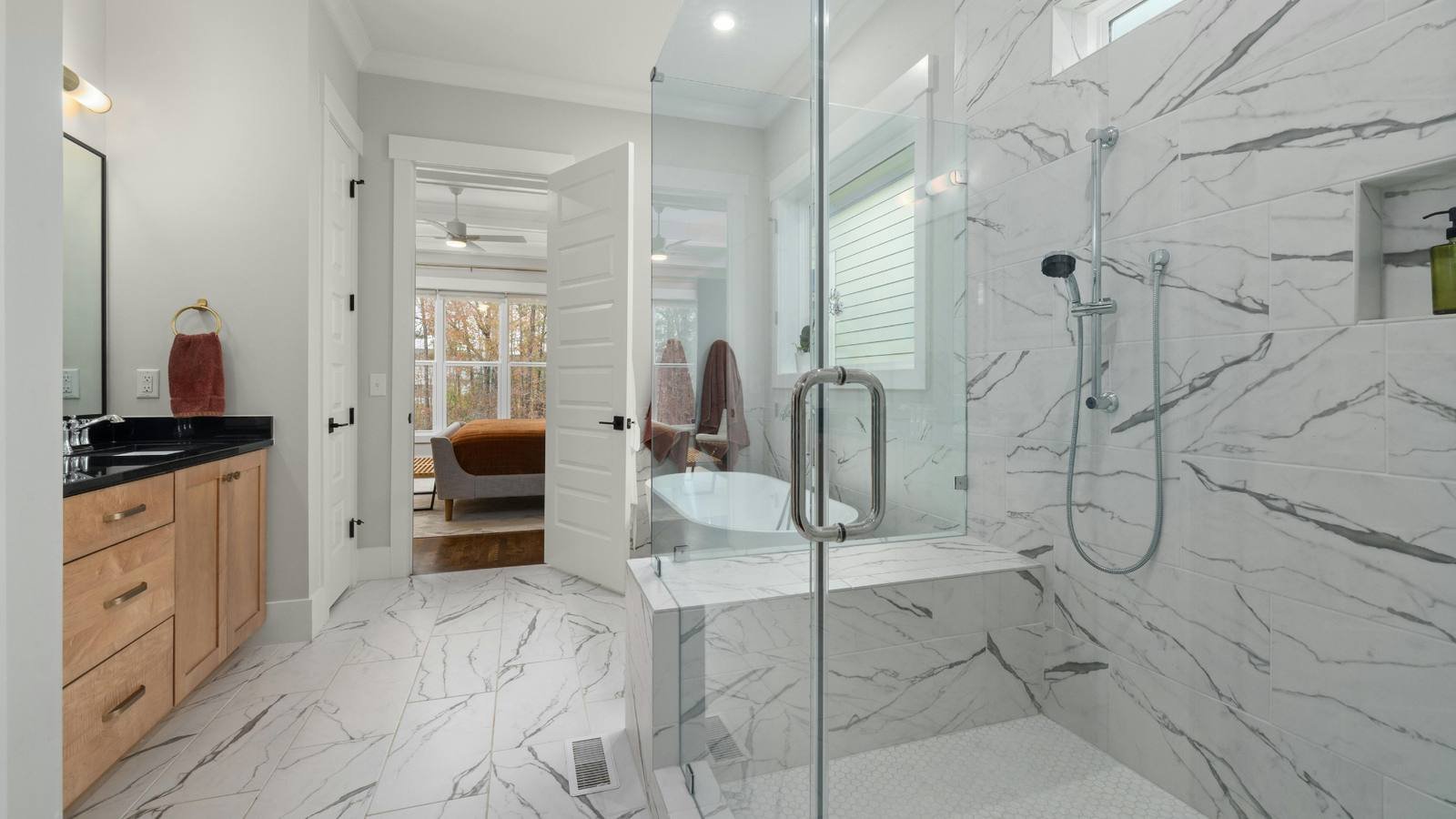 Finished bathroom with marble-effect tiles