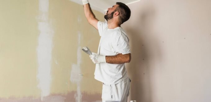 Plasterer skimming a wall